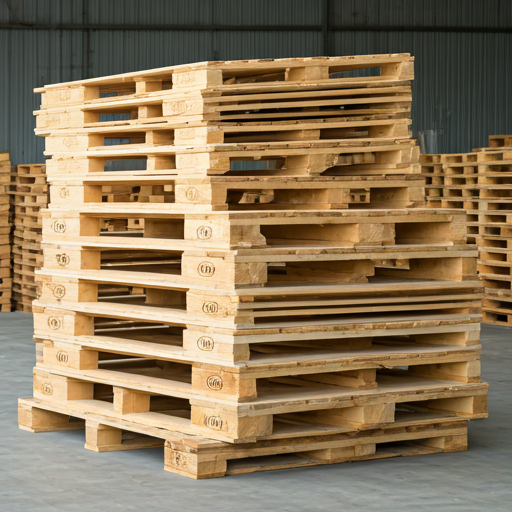 Stack of brand new wooden pallets in a clean warehouse environment.