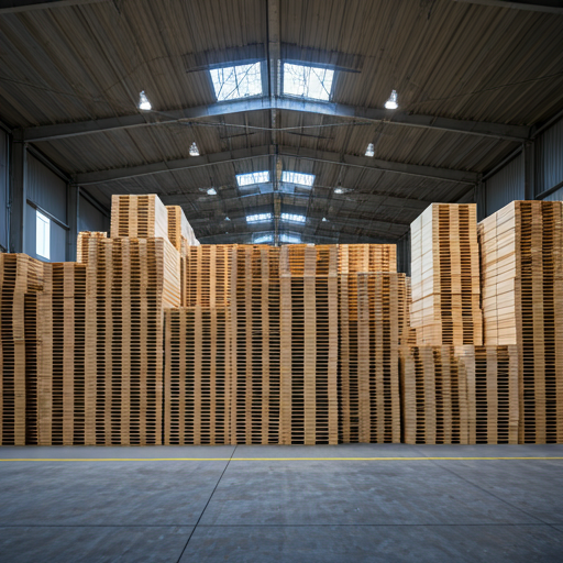 A large, modern warehouse with stacks of wooden pallets, bathed in natural light from high windows.