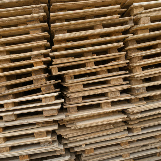 A large pile of used wooden pallets ready for recycling and refurbishment.